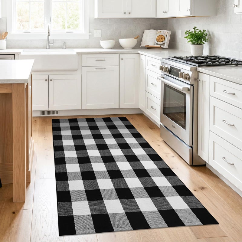 KILOCOCO Buffalo Plaid Checkered Rug - 3'x5' Front Door Mat Outdoor,Black and White Rugs Cotton Washable Front Porch Rug Layered Doormats for Patio Farmhouse Entryway Kitchen Foyer - Image 4